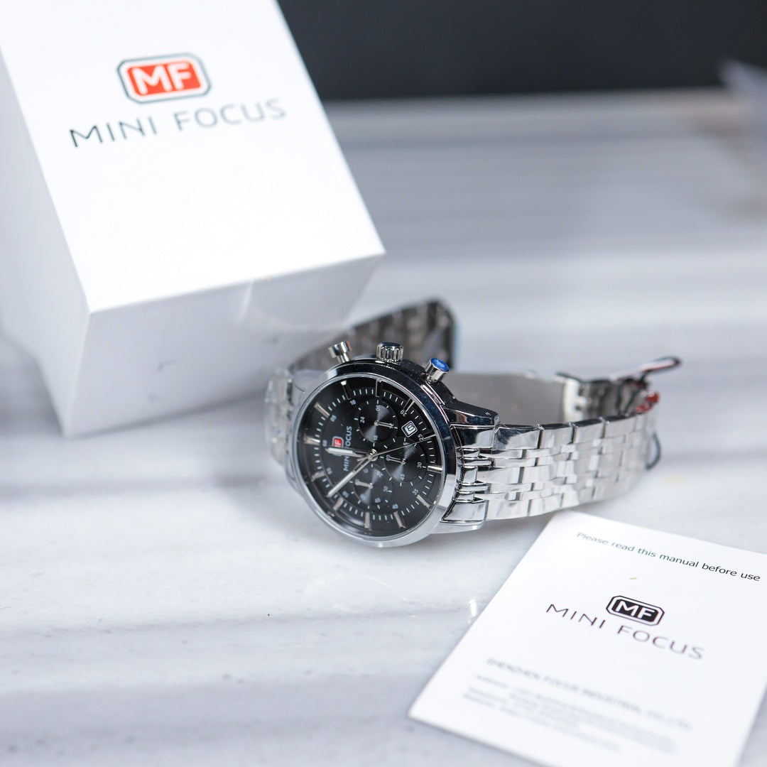Mini Focus Chronograph Watch – Black Dial Stainless Steel