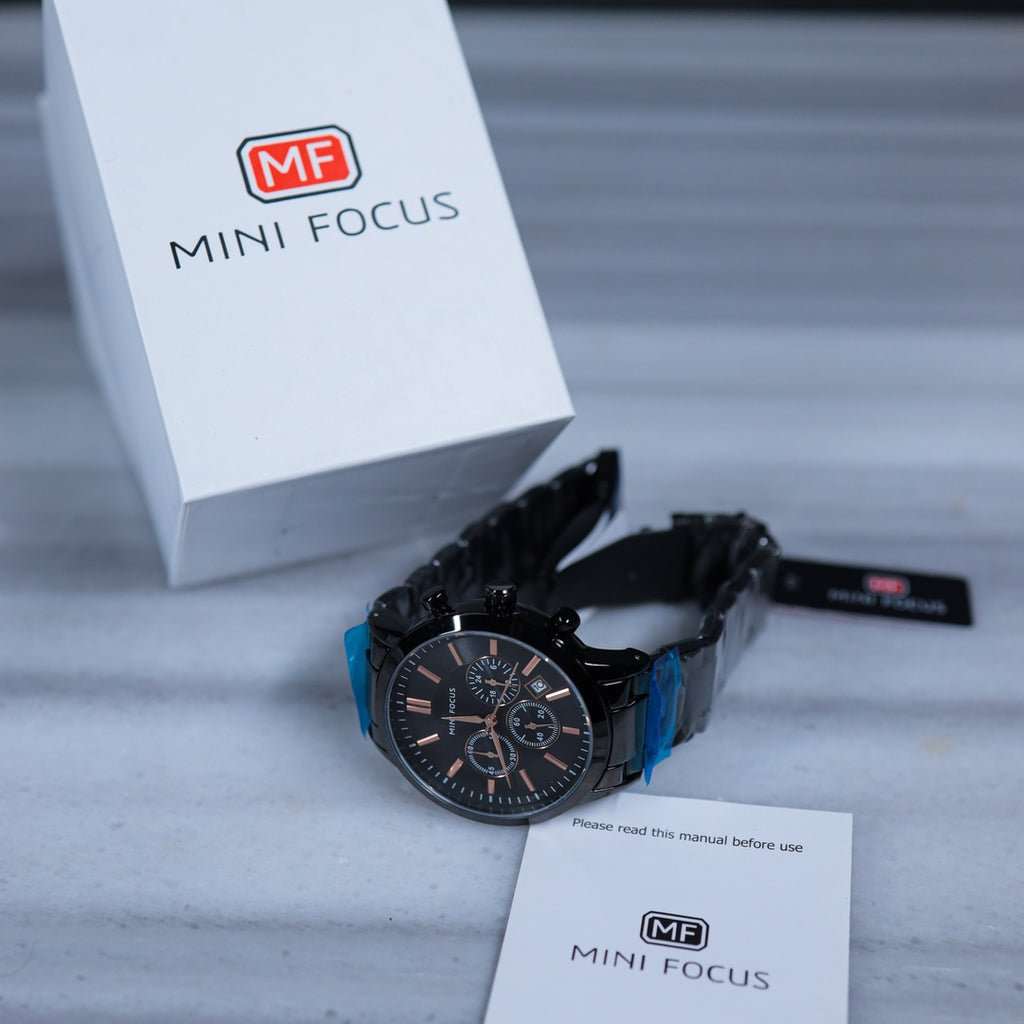 Mini Focus Chronograph Watch – Full Black with Rose Gold Accents