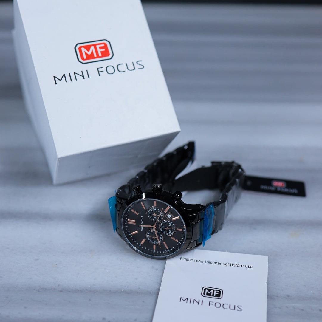 Mini Focus Chronograph Watch – Full Black with Rose Gold Accents