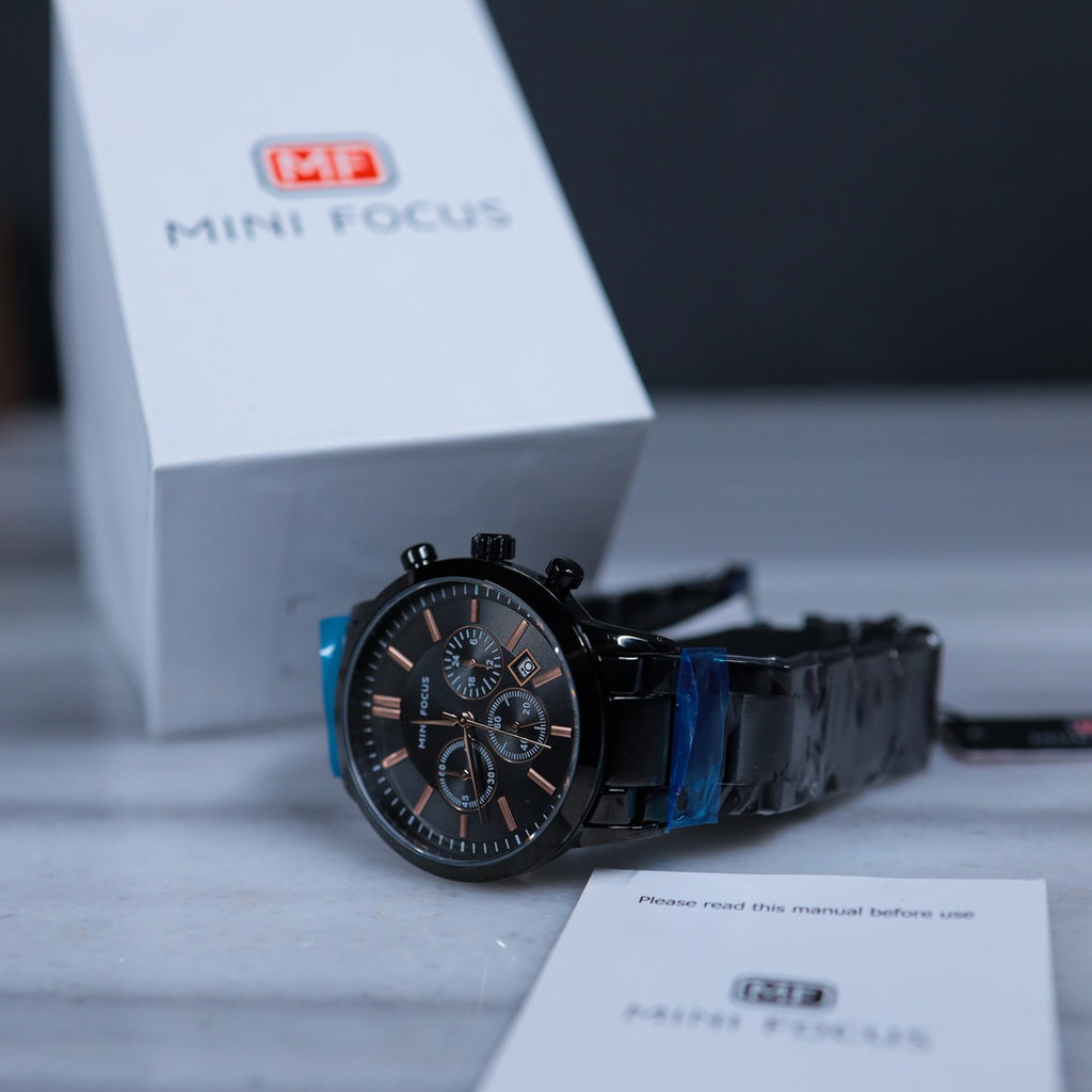 Mini Focus Chronograph Watch – Full Black with Rose Gold Accents