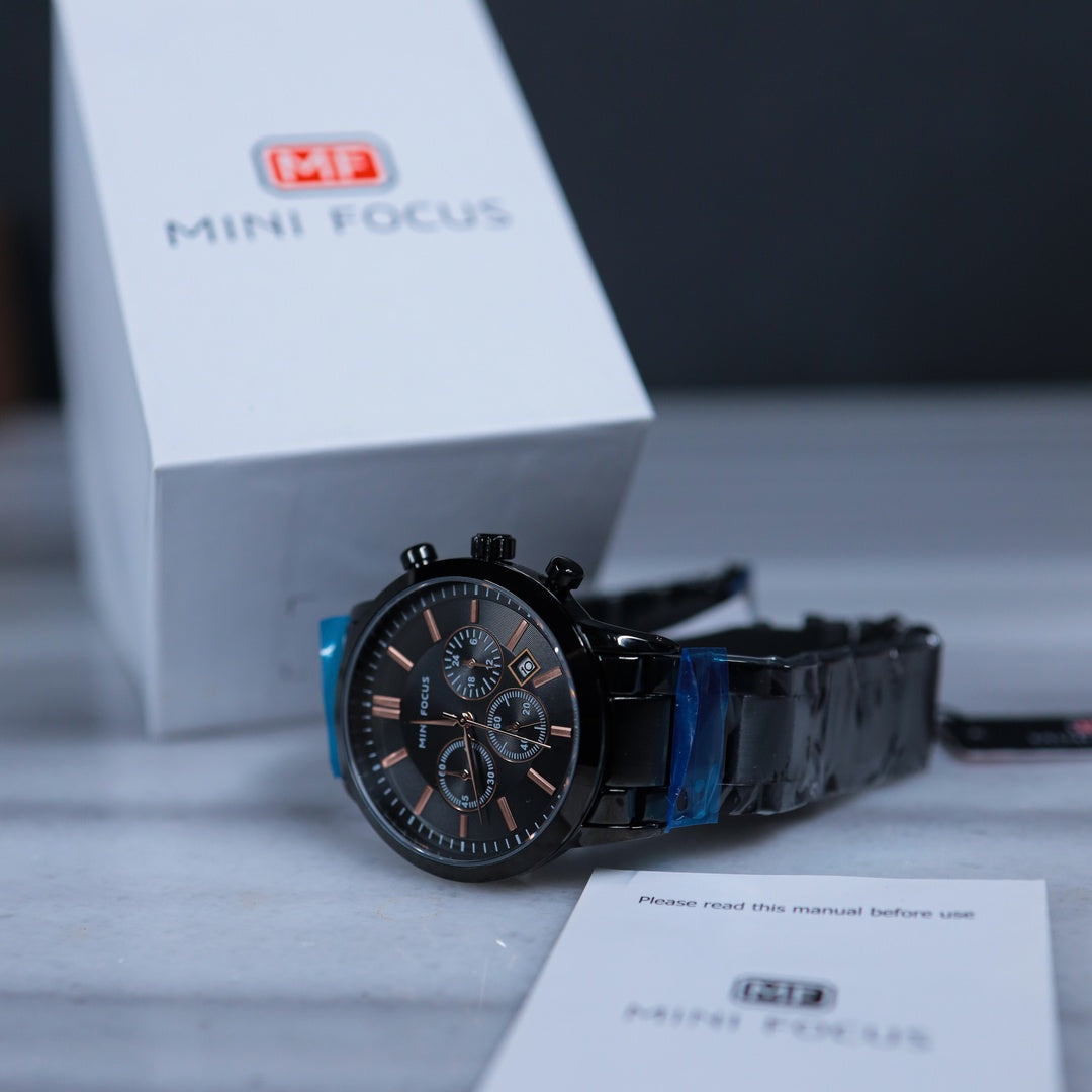 Mini Focus Chronograph Watch – Full Black with Rose Gold Accents