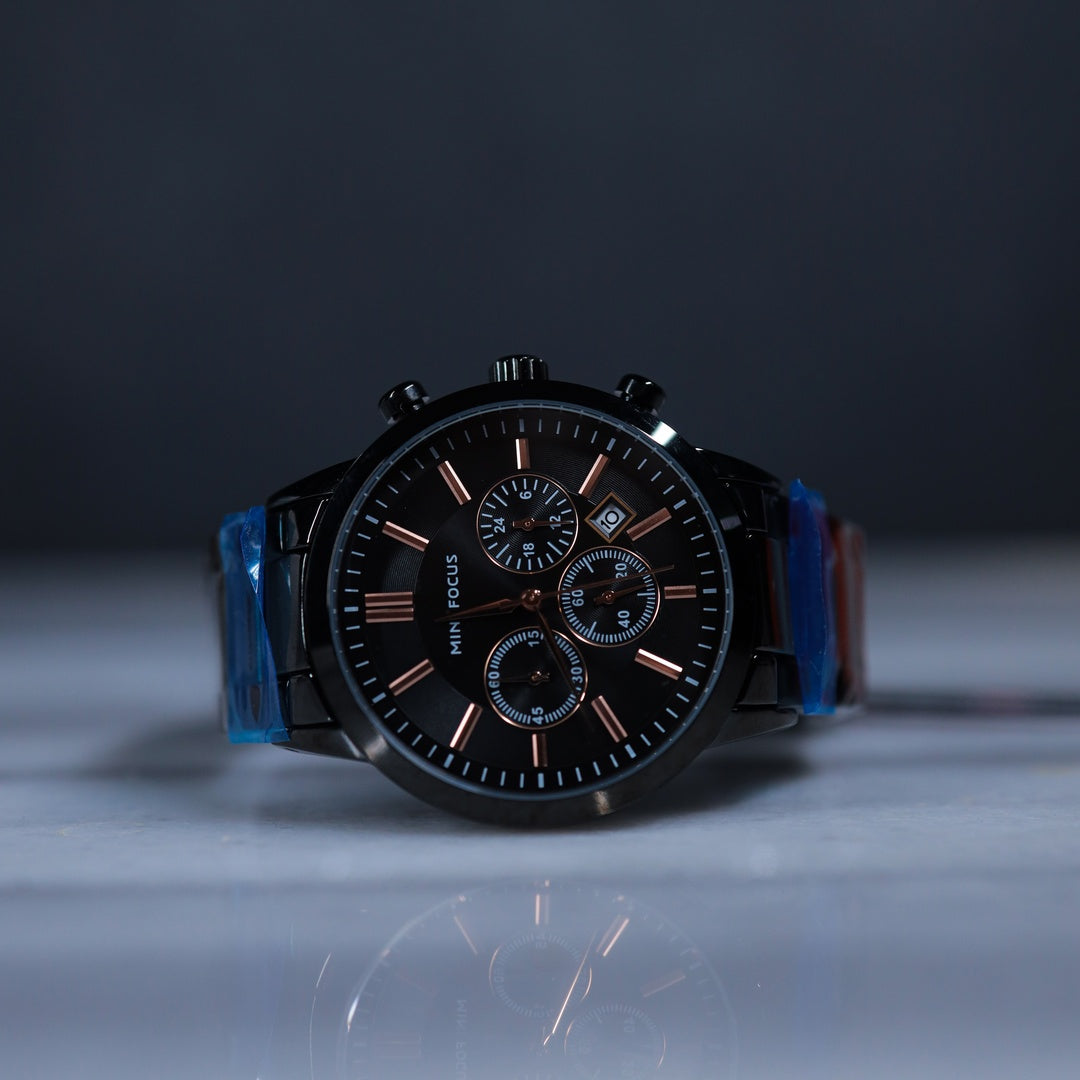 Mini Focus Chronograph Watch – Full Black with Rose Gold Accents