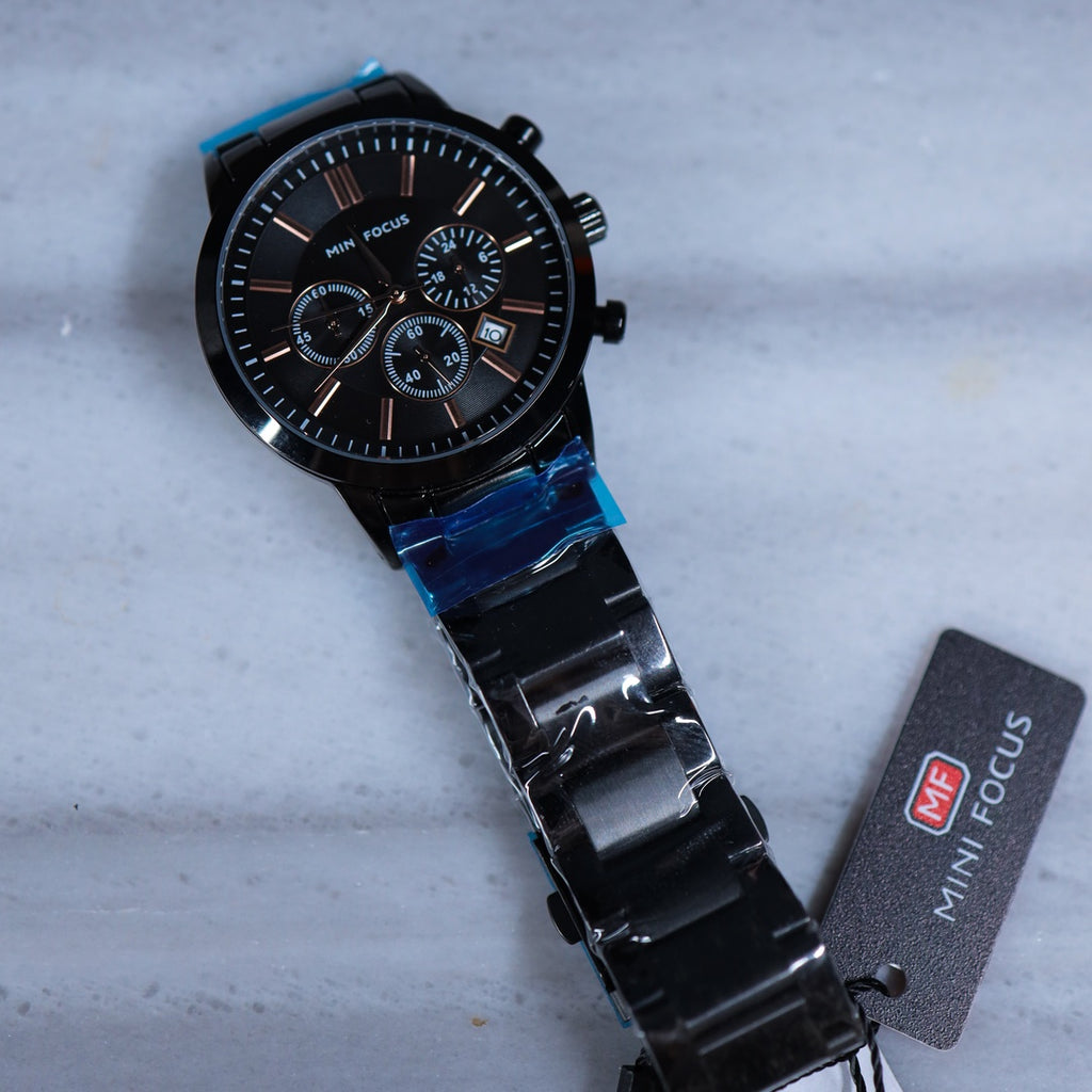 Mini Focus Chronograph Watch – Full Black with Rose Gold Accents