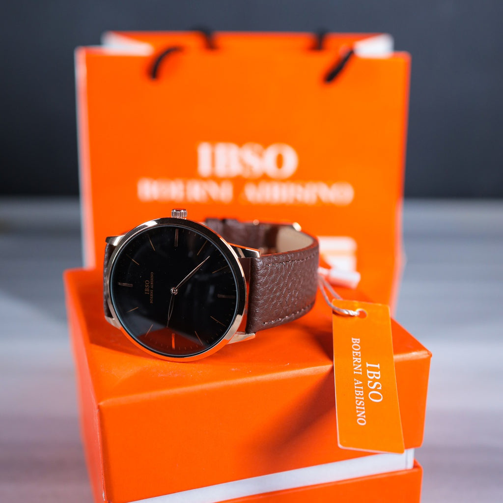 IBSO Boerni Aibisino Minimalist Black Dial Watch – Rose Gold & Brown Leather