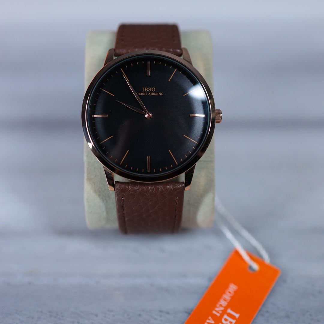IBSO Boerni Aibisino Minimalist Black Dial Watch – Rose Gold & Brown Leather