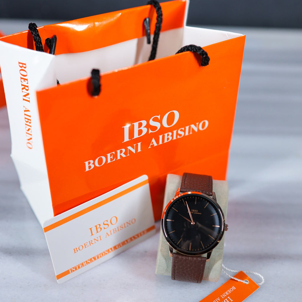 IBSO Boerni Aibisino Minimalist Black Dial Watch – Rose Gold & Brown Leather